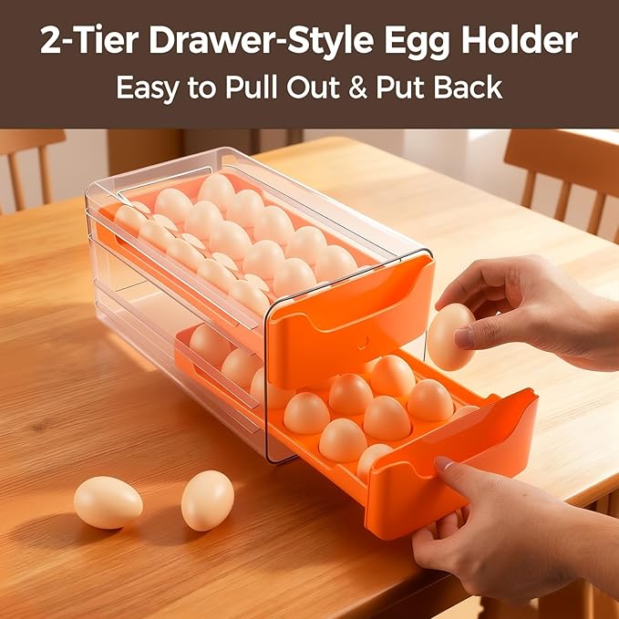 36-Egg-Holder for Fridge, Egg-Storage for Refrigerator Countertop, 2 Tier Dispenser with Drawer, Stackable Clear Egg Tray Container, Egg Organizer, Fits Large Eggs, Orange
