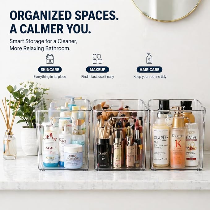 MOONEDGE Open Clear Plastic Storage Bins Stackable Organizer Containers with Handles for Kitchen, Pantry, Fridge, Cabinet, Closet Storage & Home Organization 6 Pack（11 x 8 x 6 in）