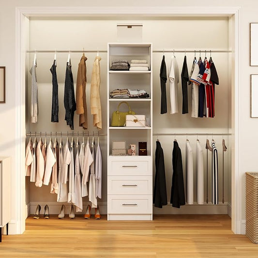 Closet System, 5FT-9FT Closet Organizer System with 4 Expandable Hanging Rods and Moveable Shelves, 115" Walk in Closet System with 3 Wooden Drawers, Custom Built in Closet, Wall Mount