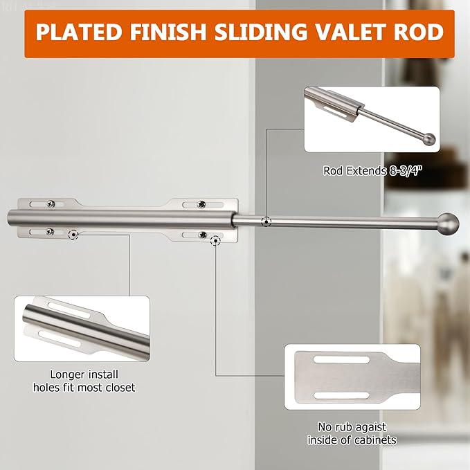 Valet Rod for Closet Pull Out, Rod for Bedroom Laundry Room Bathroom, Nickel