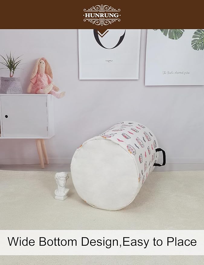HUNRUNG Collapsible Fabric Storage Basket, Waterproof Laundry Hamper with Handles, Round Storage Bin for Clothes Toys, Foldable Organizer for Bedroom Nursery Bathroom(Round-Love Owl)