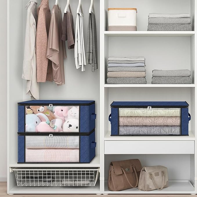 HomeHacks Storage 8-Pack Clothes Organizer Storage Bags Foldable Storage Box with Large Clear Window Sturdy Handles for Closet, Dorm, Pillows, Bedding, Clothes, Blankets, 35L, Blue