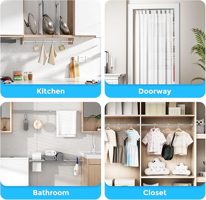 AIZESI 4PCS Silver Tension Rod 17 to 28 Inch, Adjustable Spring Curtain Rods No Drilling, Spring Tension Rods for Window DIY Cupboard Wardrobe