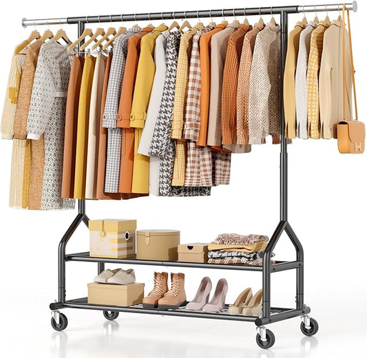 EAGMAK Heavy Duty Clothes Rack Load 556 LBS, Rolling Clothing Rack With Shelves, Height Adjustable Metal Clothes Hanger with Wheels Portable Wardrobe Organizer Garment Rod for Hanging Clothes (Black)