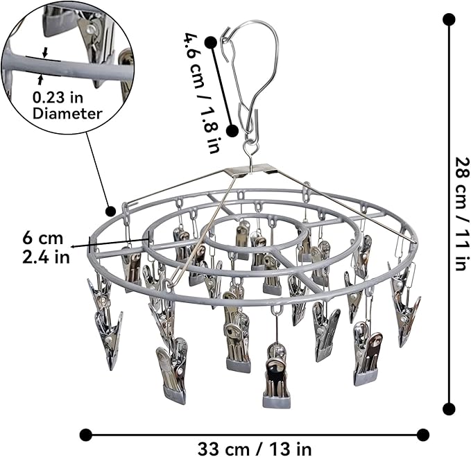 Funamily Stainless Steel Laundry Drying Rack Clothing Sock Drip Clothes Drying Hanger with 24 Clips, Swivel Windproof Hook Round Heavy Duty Underwear Hanger for Indoor Outdoor Wet and Dry (Grey)