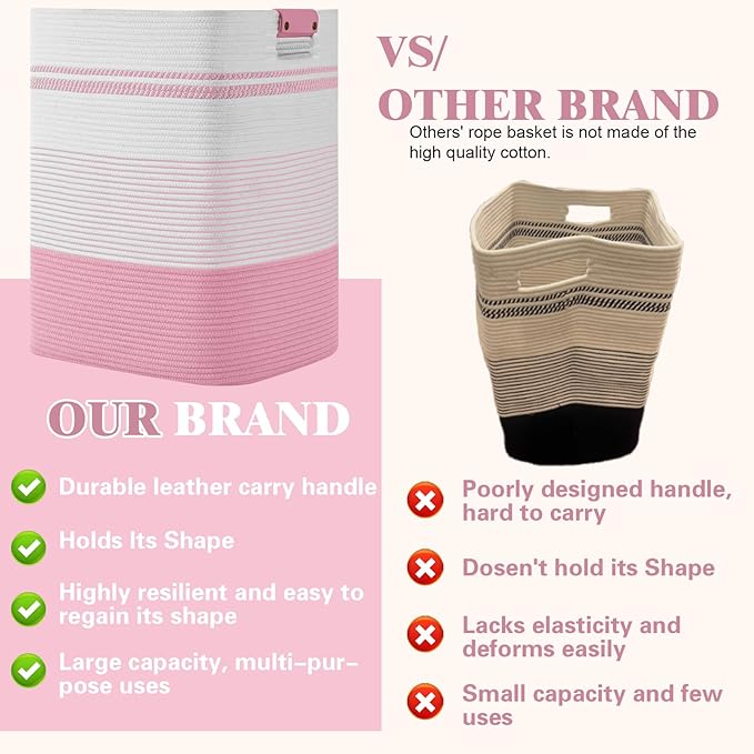 Laundry Hamper, 85L Tall Laundry Basket with Leather Handles, Rectangle Large Clothes Hamper for Organizing, Cotton Woven Laundry Baskets Storage Hampers for Bedroom, Nursery, Living Room
