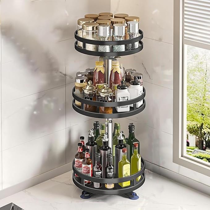 Rotating Spice Rack, Multi-Layer Tier Lazy Susan Turntable, Rotates 360 Degrees, Adjustable Shelves, Double Layer, and A Revolving Design Make it the Perfect Spice Holder ( Color : Black , Size : 3 la