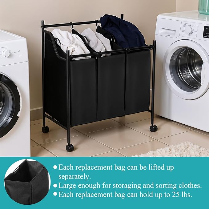 3 Pcs Black Hypotenuse Laundry Sorter Replacement Bags Hamper Cart Removable Replacement Bags Laundry Storage Organizer Bag Hamper Liner, No Hooks (14.76 x 8.66 x 23.23 Inch)