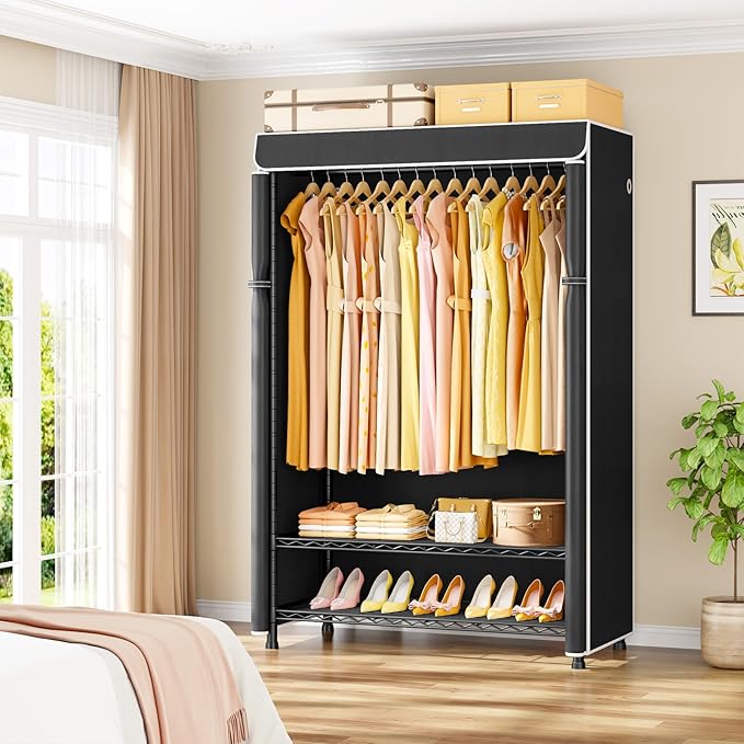 ULIFHOME H5C Plus Clothes Rack with Cover, Portable Closet for Hanging Clothes, Covered Clothing Racks Heavy Duty, 3-Tiers Garment Rack with Shelves Max Load 370LBS Black Closet Rack with Black Cover