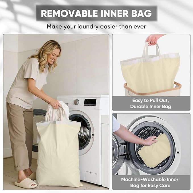 BALEINE Laundry Hamper with Lid, Tall Laundry Baskets with Bamboo Pull Handles, Large Laundry Bin with Internal Support (18 Gal/70L, Beige)