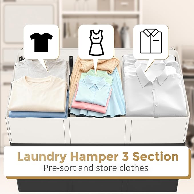 Optish 180L Laundry Hamper 3 Section, Large Laundry Basket with Lid, Laundry Basket Organizer with Handles, Divided Clothes Hampers for Laundry, Bedroom, Bathroom, White & Black