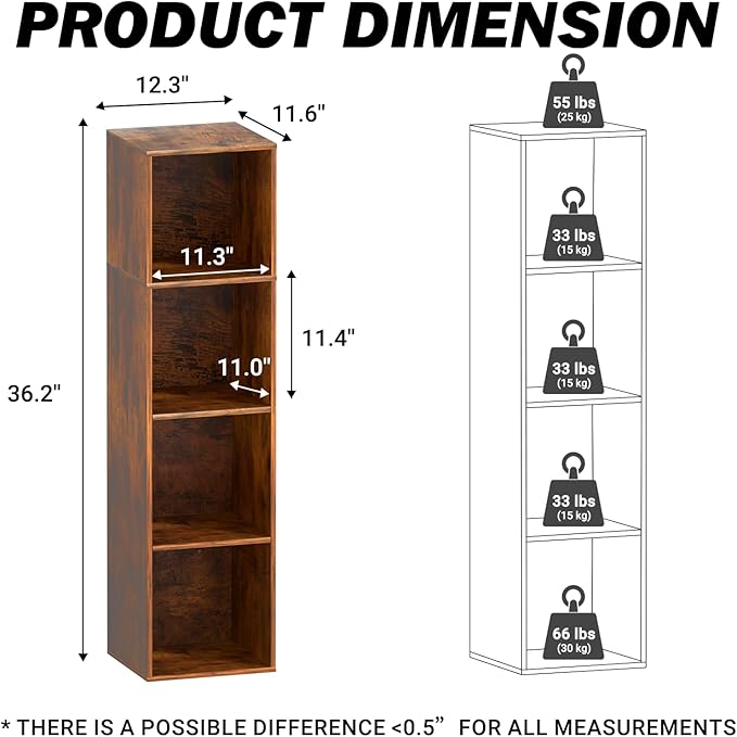 Cube Storage Organizer, 4 Cube Retro Bookshelf, Freestanding 4 Tier Open Shelf, Rustic Brown Retro Shelves for Home Office, Bedroom, Living Room, Study