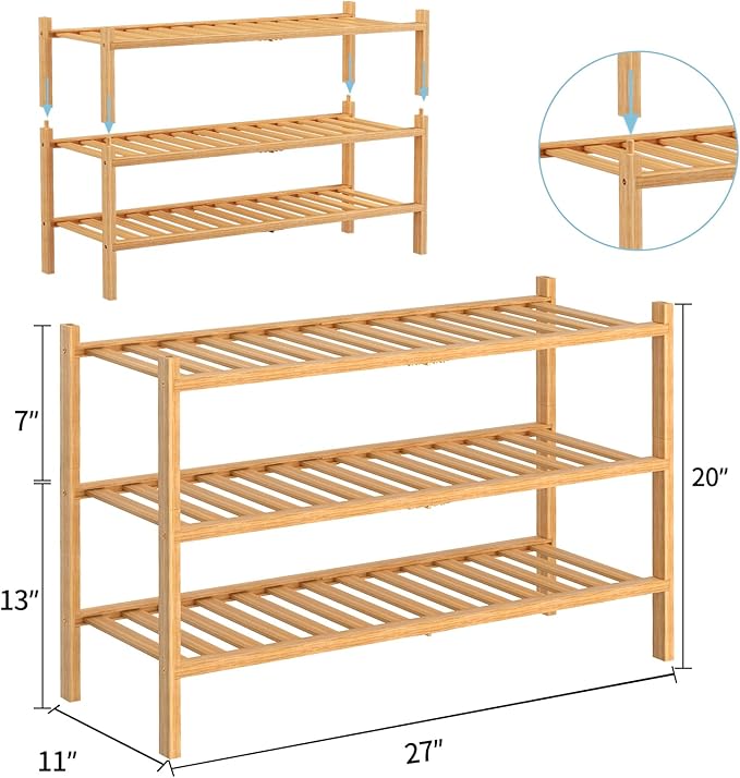 RONGJlA 3 Tier Bamboo Shoe Rack for Closet Free Standing Wood Shoe Shelf Storage Organizer for Entryway Small Space Stackable, Natural