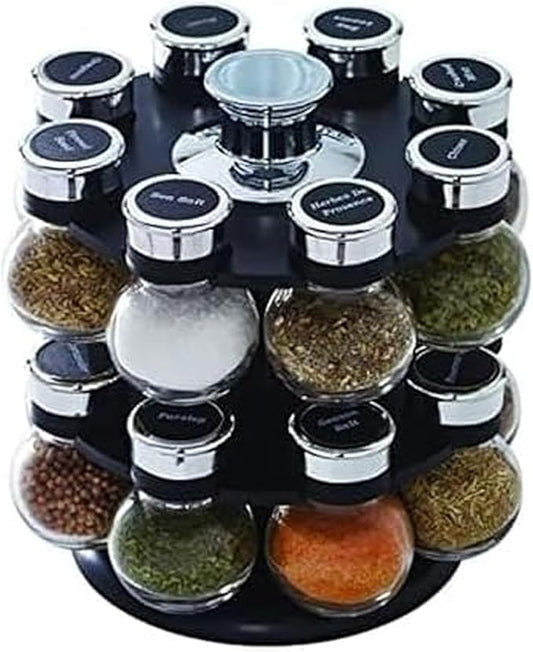 Kamenstein Ellington 16 Jar Revolving Spice Rack with Prefilled Spices - Rotating Chrome and Plastic Countertop Organizer with Sifter Caps and Labeled Lids