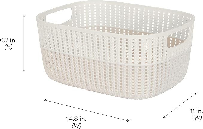 Simplify 4 Pack 2 Tone Sailor Knot Plastic Storage Tote | Decorative Basket | Closet Organization | De-clutter | Accessories | Toys | Bathroom Organization | Large | Ivory