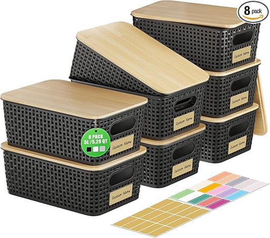 8 PCS Plastic Storage Bins with Bamboo Lid, Stackable Storage Baskets with Lids & Labels for Organizing, Storage Bins for shelves, Office, Drawer, Cabinet & Pantry,Nursery Organization,10.2*7.2*4.1In