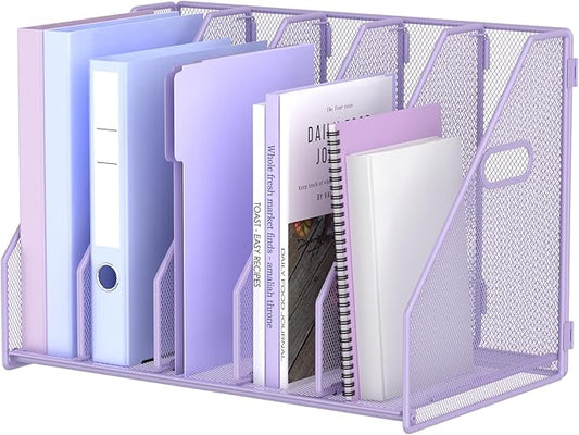 MINDEPOT Desk File Organizer Metal Desk Magazine Folder Holder with 5 Vertical Compartments Rack File Organizer for Office, Home, School (Purple)