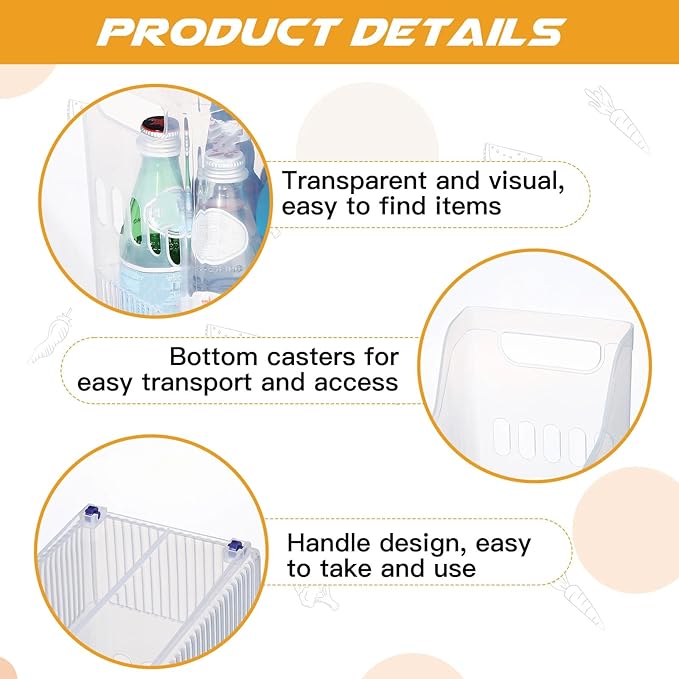 Beeveer 4 Pcs Plastic Freezer Organizer Bins with Wheel Tall Narrow Kitchen Pantry Organizer Snack Storage Containers for Office Refrigerator(10 x 13.3 x 5.5 Inch)
