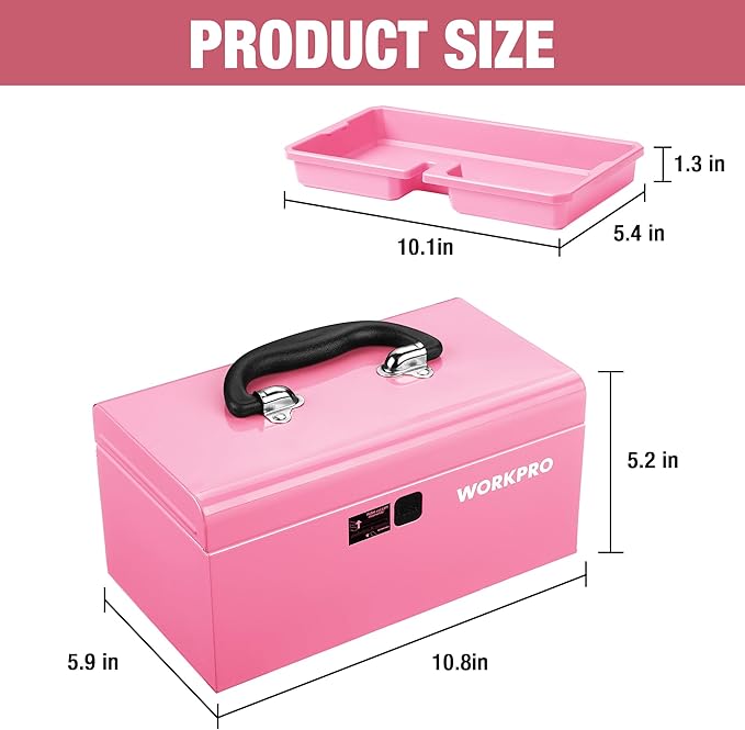 WORKPRO 10.8" Portable Mini Metal Tool Box with Removable Color-Matching Tray, One-Button Latch Toolbox, Steel Tool Chest with PP Handle, Compact Storage Organizer for Home, Office or Workshop