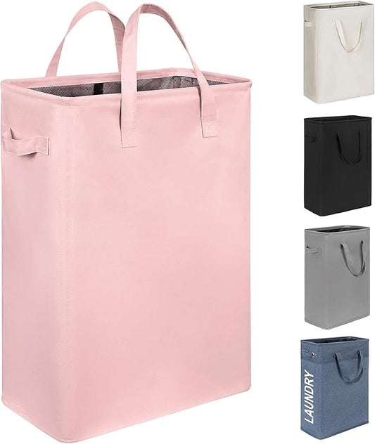 Chrislley 45L Slim Laundry Hamper Narrow Laundry Basket with Handle Foldable Dirty Clothes Portable Skinny Hamper Organizer Storage Bins (22 inches, pink)