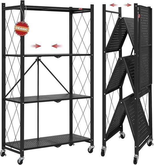 DEANIC 4 Tier Foldable Storage Shelves with Wheels, No Assembly Organizer Rack for Garage Kitchen, Basement, Pantry,Perfect for Craft Shows & Vendor Events(Black)
