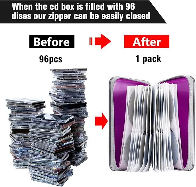 CD Case, Siveit DVD Case Holder 96 Capacity Hard Plastic CD DVD Disc Cases Storage Binder Wallet for Car Home Office Travel (Purple)