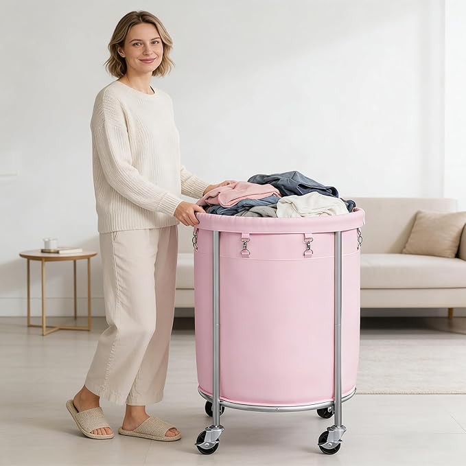 ELYKEN 190L Laundry Basket with Wheels, Large Rolling Laundry Hamper with Removable Liner Bag, Round Rolling Laundry Cart, Dirty Clothes Hamper for Hotel, Home, Closet, Dorm, Pink