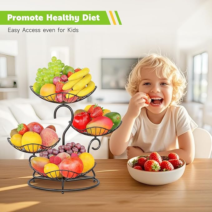 PouHenier.jh 4 Tier Fruit Basket Stand for Counter, Kitchen Tiered Fruit Bowl Organizer for Dining Table Countertop, Multi Level Fresh Produce and Vegetable Holder Rack, Sturdy Metal Wire, Black