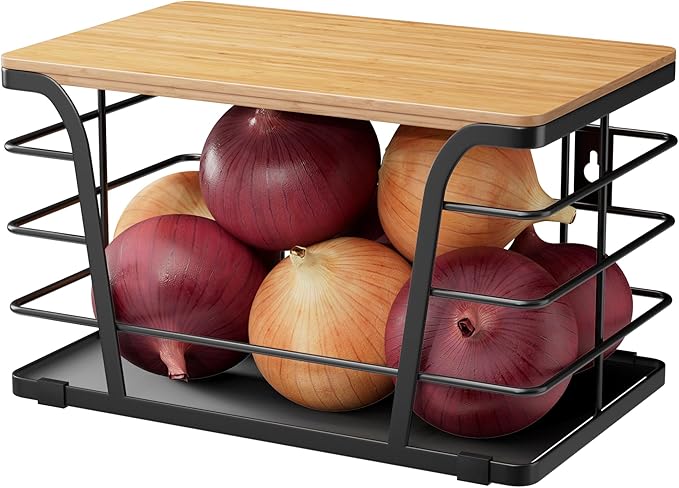 TIDIIABODE Pantry Organizers and Storage - Stackable Wire Basket with Lightweight PP Mat & Bamboo Top for Fruits Vegetables,Fruit Holder for Kitchen Countertop,Black