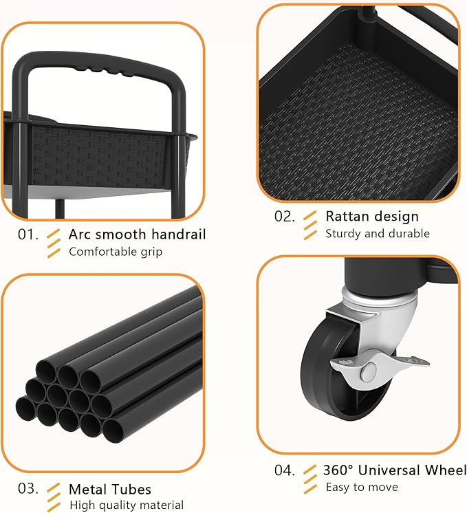 MOYIPIN 4-Tier Plastic Rolling Utility Cart with Handle, Utility Storage Cart for Office, Living Room, Kitchen, Movable Storage Organizer Shelves, Black
