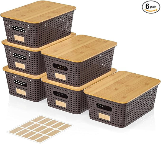 6Pcs Storage Bins with Lids, Stackable Plastic Storage Basket with Bamboo Lid, Pantry Organizer Box Small Containers for Organizing Shelves Drawer Desktop Closet Cabinet Office Classroom 10x7.1x4.1in