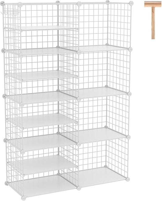 C&AHOME Wire Cube Storage Unit, Interlocking Metal Wire Organizer with Divider Design, Modular Cabinet with Plastic Panels, Bookshelf Stackable Closet Organizer with Small Hooks, White UWCSIM08W