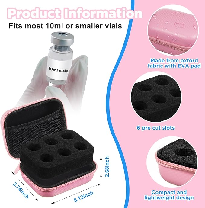 Teenyyou 6 Slots Insulin Peptide Fridge Carrying Case Vial Holder Storage Protector Bag, Fits Standard 10ml Vials, Insulin Cooler Travel Kits Case Organizer Diabetes Protector(Pink)