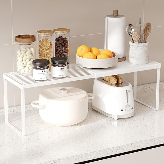 Magheo Expandable Cabinet Shelf Organizer, 1 Pack Stackable Kitchen Counter Shelf Riser, Metal Spice Rack Adjustable Heavy Duty Countertop Organizer Storage for Kitchen, Pantry, Cupboard, Rv (White)