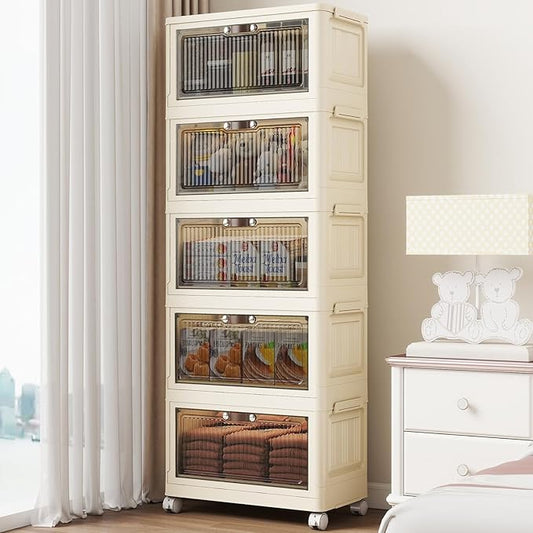 5 Tier - 48QT Storage Bins with Lids, Collapsible Storage Bins with Doors and Wheels, Plastic Storage Cabinet for Easy Storage and Organization for Living Room, Office