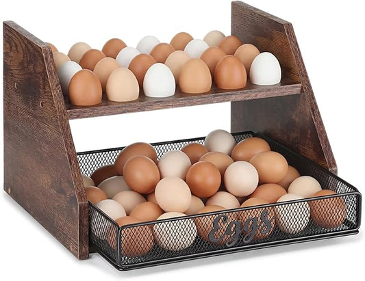 LemonRoad Wooden Egg Holder Fresh Egg Holders with Wire Basket Organizer for Countertop 24+60 Eggs Rustic Kitchen Organizer Basket for Gathering Fresh Chicken/Duck/Quail/Turkey Eggs(Brown)