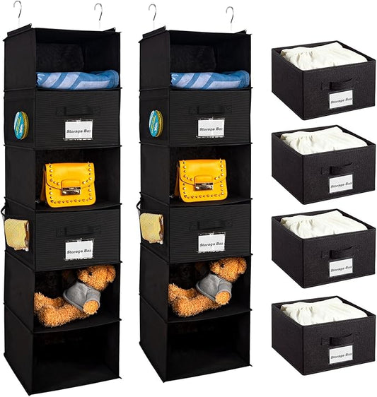 BrilliantJo 2 Pack 6 Shelves Hanging Closet Organizer with 2 Drawer, Hanging Storage with 4 Side Pockets for Clothes Shoes, 43.5"x12"x12"(Black)