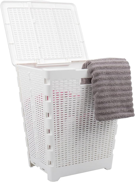 Mind Reader 61L Foldable Laundry Hamper, Clothes Basket, Lid, Wicker Design, Plastic, 18"L x 14.5"W x 21.25"H, White