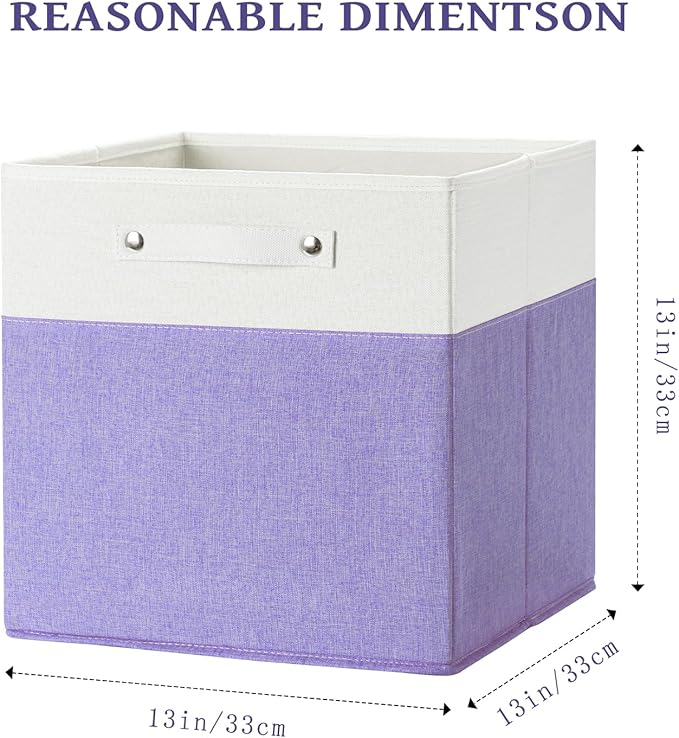 FinishingBo 13 x 13 Inch Fine Linen Storage Bins with Handles，Fabric Cube Boxs，Basket Organizers for Shelves for Home, Closet Drawers (White/Purple-4 Pack)