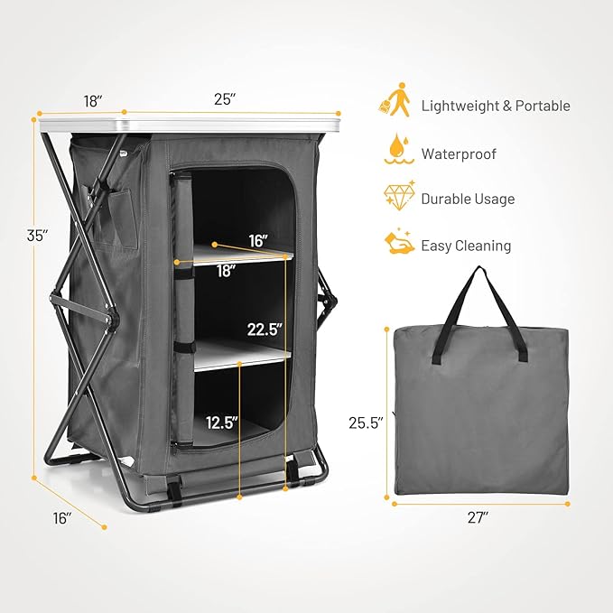 Giantex Folding Camping Storage Cabinet with 3 Shelves and Carry Bag, Portable Outdoor Organizer Kitchen Table, Quick Set-up for BBQ, Picnic, Backyard, Compact Pop-Up Cupboard, 35''H