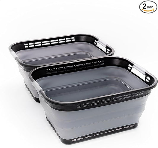 SAMMART 42L (11 gallons) Collapsible Plastic Laundry Basket - Portable Pop Up Storage Container/Organizer - Portable Hamper - Space Saving Easy Storage (Black/Frost Grey (Set of 2))