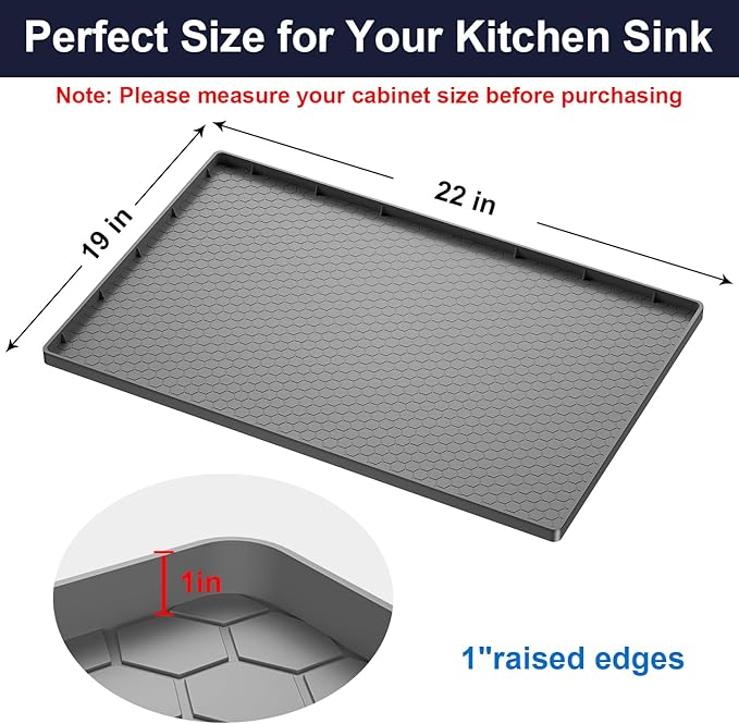 Under Sink Mats for Kitchen Waterproof - 22" x 19" Waterproof Kitchen Cabinet Mat - Flexible Silicone Under Sink Liner - Bathroom Cabinet Mat and Protector for Drips Leaks Spills (Gray)