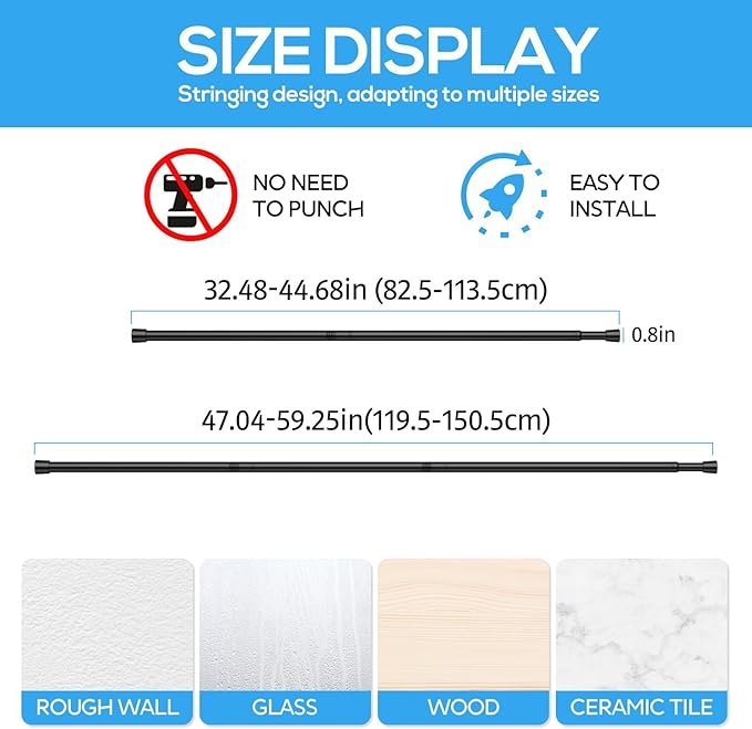 2 Pack Spring Tension Rods 33-59 Inches, 5/8 Inch Diameter Black No Drill Spring Loaded Adjustable Extendable, Small Short Tension Curtain Rod for Windows Kitchen Doorway Closet Cupboard