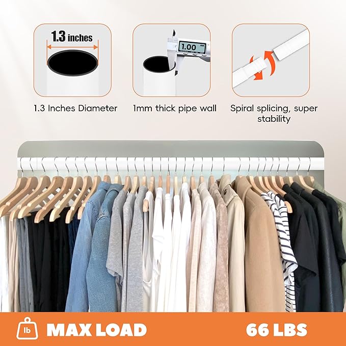 Closet Rod 30-63 Inches, Adjustable Heavy Duty Metal White Closet Rods for Hanging Clothes 1.3 Inches Diameter for Wardrobes Laundry