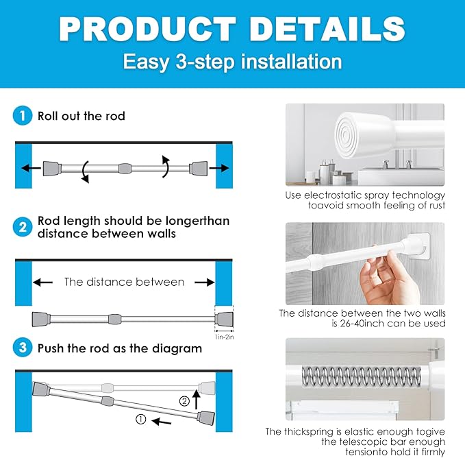MEXAU 3Pcs Tension Curtain Rod, white Tension Rod 26-39 inch, Spring Tension Curtain Rod No Drilling, Spring Tension Window Rod Small Tension Rod for Kitchen, Bathroom, Window, Closet