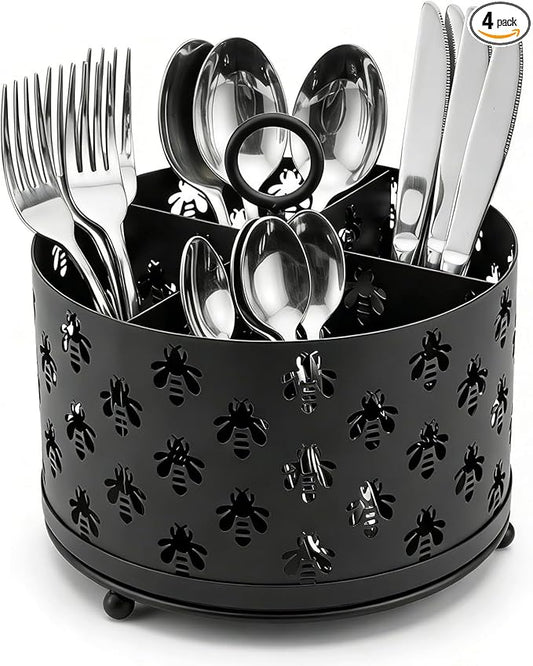 NelyBet 360°Rotating Utensil Caddy Countertop - Bee Silverware Caddy Holder with 4 Compartment - Mesh Cutlery Caddy Holder with Handle for Party Kitchen Counter Office Black