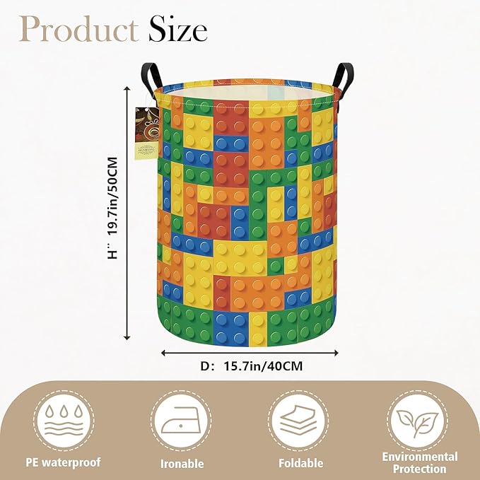 HUNRUNG Collapsible Fabric Storage Basket, Waterproof Laundry Hamper with Handles, Round Storage Bin for Clothes Toys, Foldable Organizer for Bedroom Nursery Bathroom(Round-Colorful Blocks)