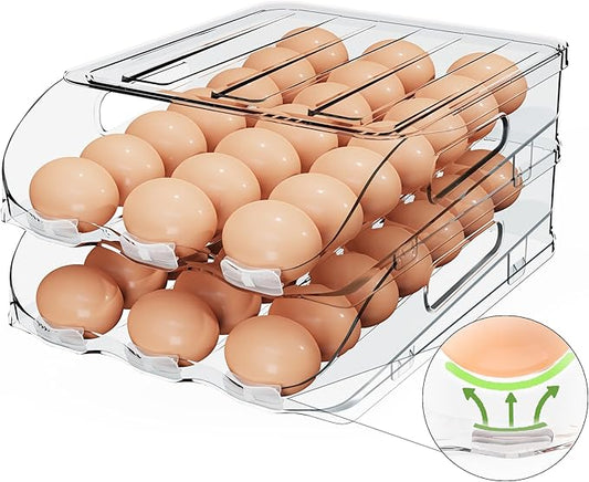 SMRCAD Egg Holder for Fridge, Automatic Steady Rolling Egg Dispenser with Silicone Bumpers & Handle for Refrigerator, Large Capacity Egg Organizer with Lid