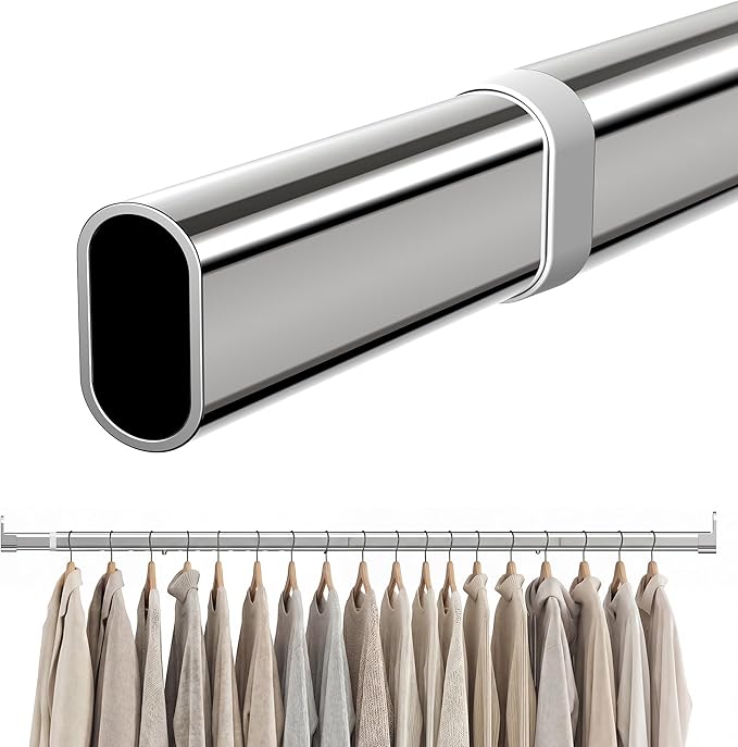 Oval Closet Rod 18-40 Inch Adjustable Closet Rods for Hanging Clothes Heavy Duty Silver Poles Bar with End Supports Rust Proof Wardrobe Rod for Laundry Room RV