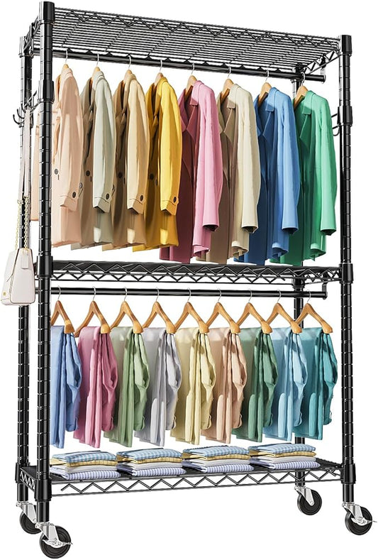 M MZG Heavy Duty Rolling Garment Rack 3 Tiers Adjustable Wire Shelving Clothes Rack with 2 Rods and Side Hooks, Storage Closet Clothing Rack with Wheels Black 17.7" D x 47.2" W x 83.6" H